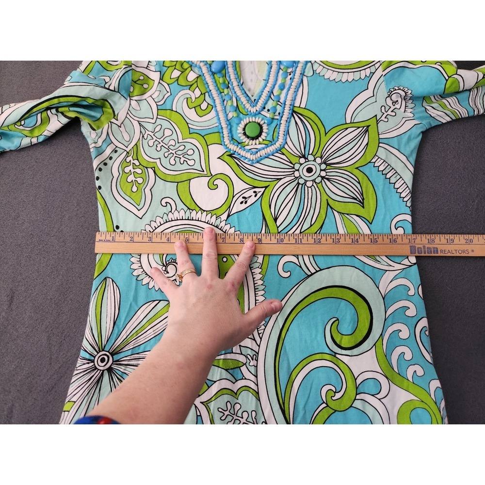 Key Lime & Pink Embelished Hippie Boho Tunic Top Dress Retro 90s Sz L 3/4 Sleeve - Picture 7 of 10